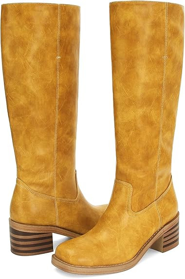 DOEYG Women's Banana Knee High Boots Square Toe Chunky Block Heel Tall Boots Wide Calf Fashion Co... | Amazon (US)