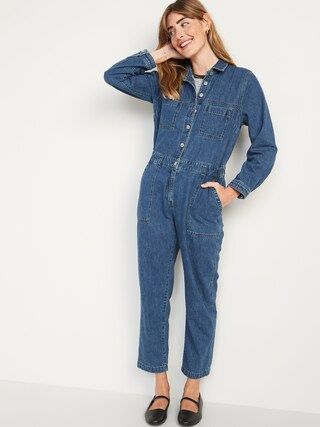 Long-Sleeve Medium-Wash Utility Jean Jumpsuit for Women | Old Navy (US)