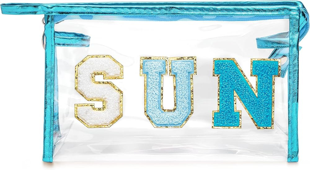 Y1tvei Preppy Patch SUN Varsity Letter Cosmetic Toiletry Bag Transparent PVC Zipper Makeup Bag Cl... | Amazon (US)