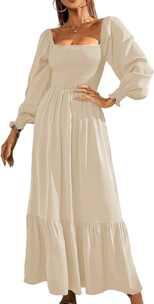MAYFASEY Women's Casual Square Neck Puff Long Sleeve Smocked High Waist Flowy Tiered Midi Dress S... | Amazon (US)