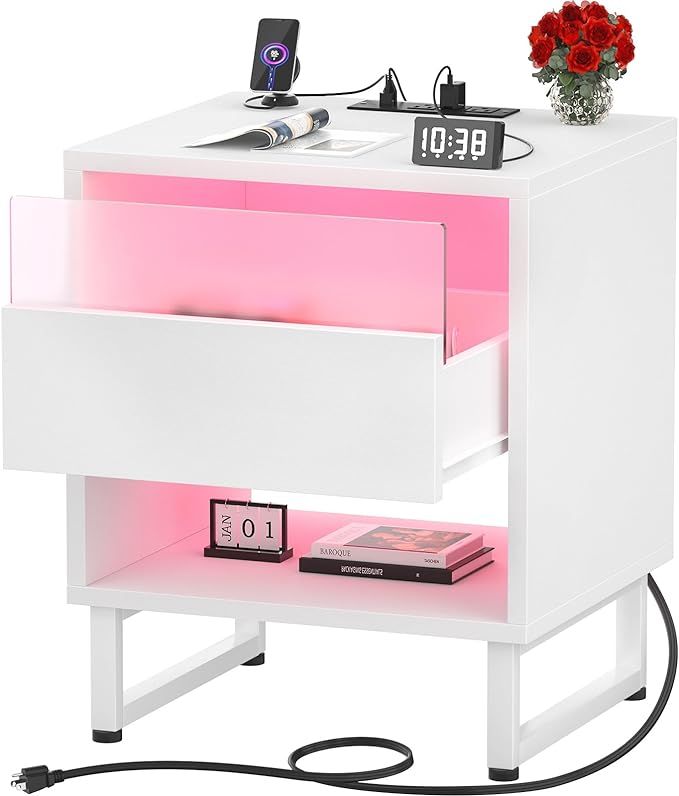 LED Nightstand with Charging Station, White Night Stand with Charger Station, Bedside Table End T... | Amazon (US)