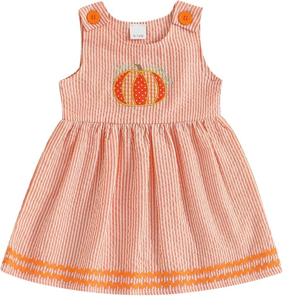 Kids Toddler Baby Girl Halloween Outfit Pumpkin Embroidery Dress Striped Sleeveless Tank Dress Tu... | Amazon (US)