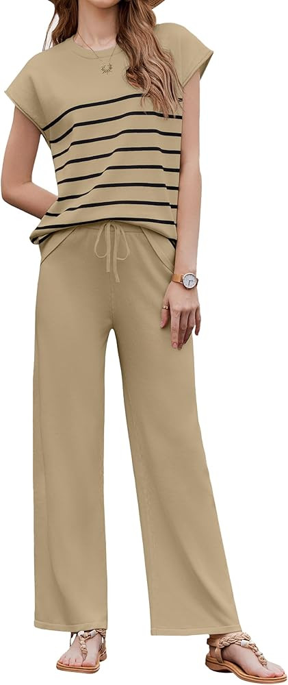 Ekouaer Striped Lounge Set 2 Piece Sweater Matching Outfits Travel Knit Clothing Sets for Women | Amazon (US)