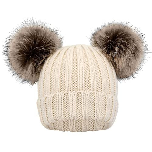Simplicity Beige Beanie Kids Soft Boys Beanie with Pom Cute Toddler Pom Pom Hat Elastic Girls Hat Plush Lining Warm Ball Pom Beanie Hat Cap, Beige | Amazon (US)