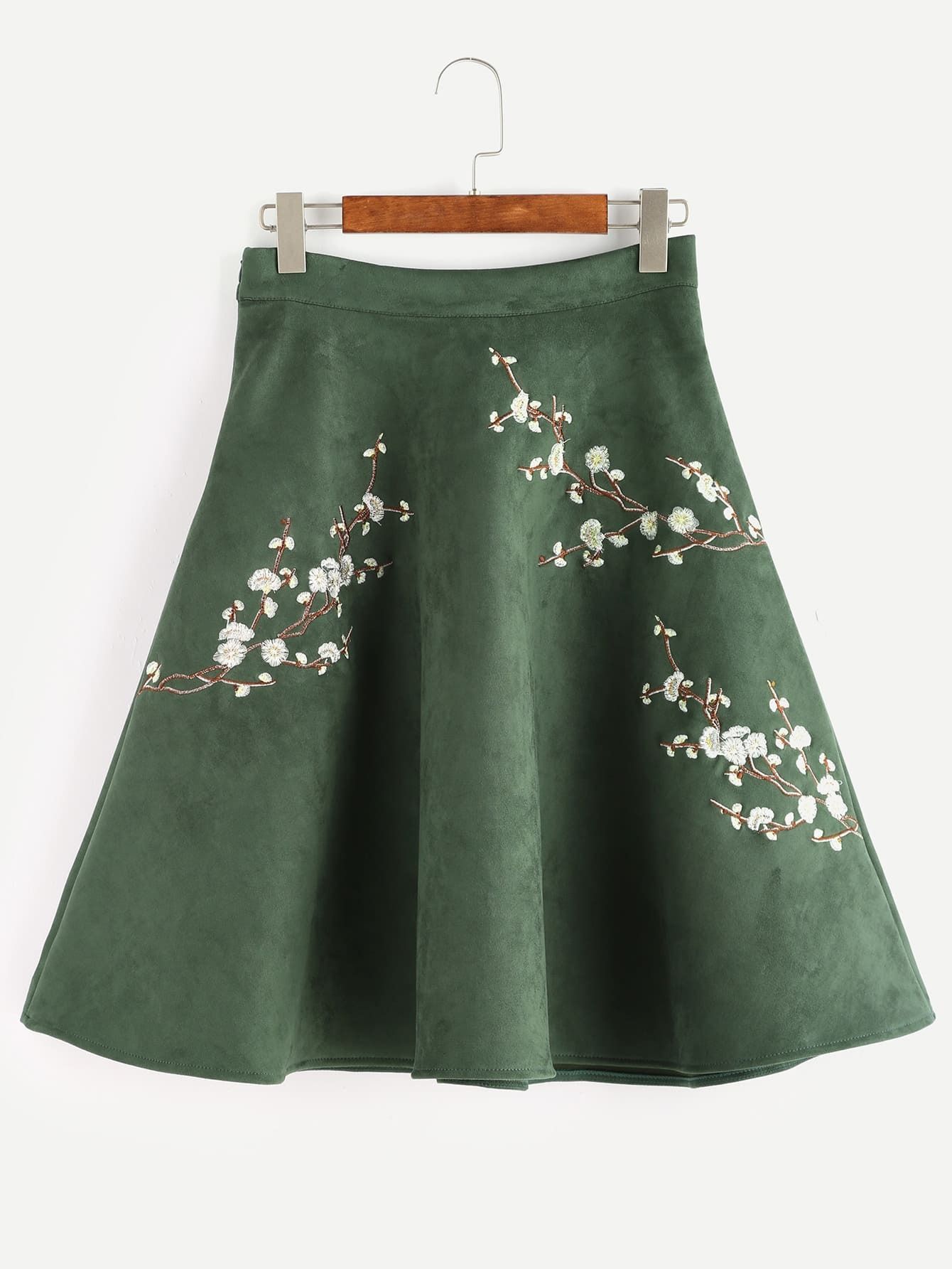 Army Green Flower Embroidered Suede A-Line Skirt | Romwe