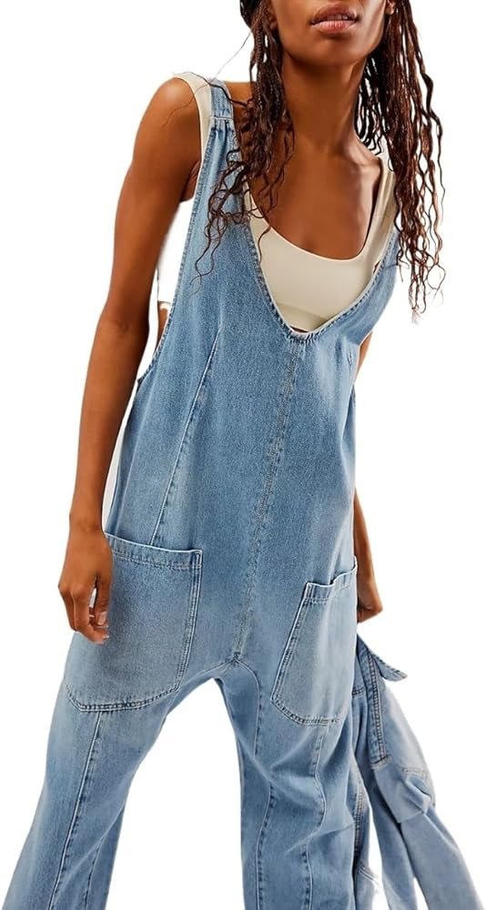 Autumn and winter washed denim V-neck jumpsuit with adjustable straps | Amazon (US)
