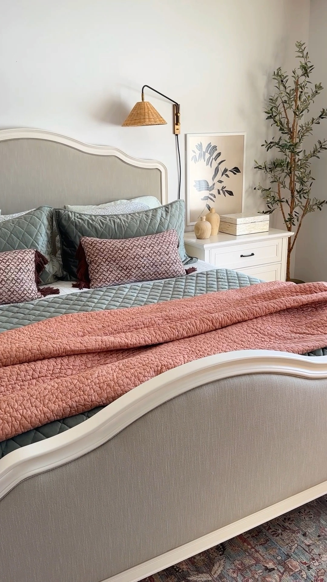 Bedding refresh for the new year! ✨ #ad I partnered with @Wayfair to give our primary bedroom and guest room simple makeovers for 2025. Featuring the softest velvet quilt, a ruffled bedskirt that is easy add (no taking the bed apart 🙅‍♀️), and several of my #Wayfair decor favorites including accents, our faux olive tree, brass sconces, vintage look rug, and more.

#LTKSeasonal #LTKHome #LTKWatchNow