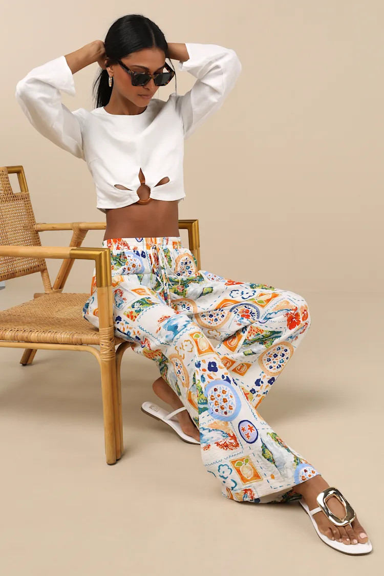 Eydis Ivory Multi Print Wide-Leg Drawstring Pants | Lulus
