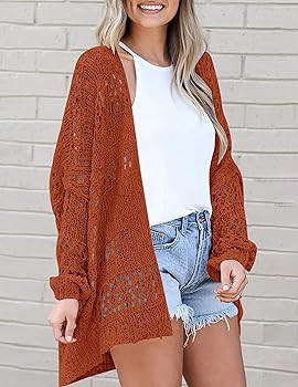 ZESICA Women's Long Batwing Sleeve Open Front Crochet Hollow Out Lightweight Oversized Knit Cardi... | Amazon (US)