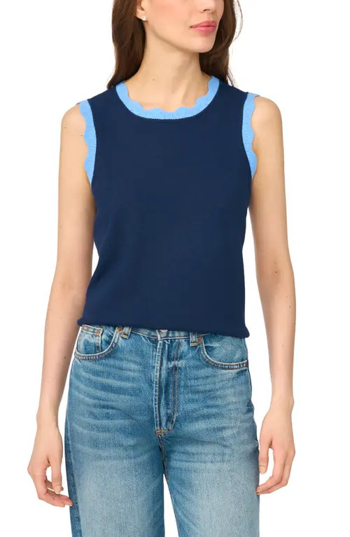 CeCe Scalloped Trim Sleeveless Sweater in Blue Midnight at Nordstrom, Size Small | Nordstrom
