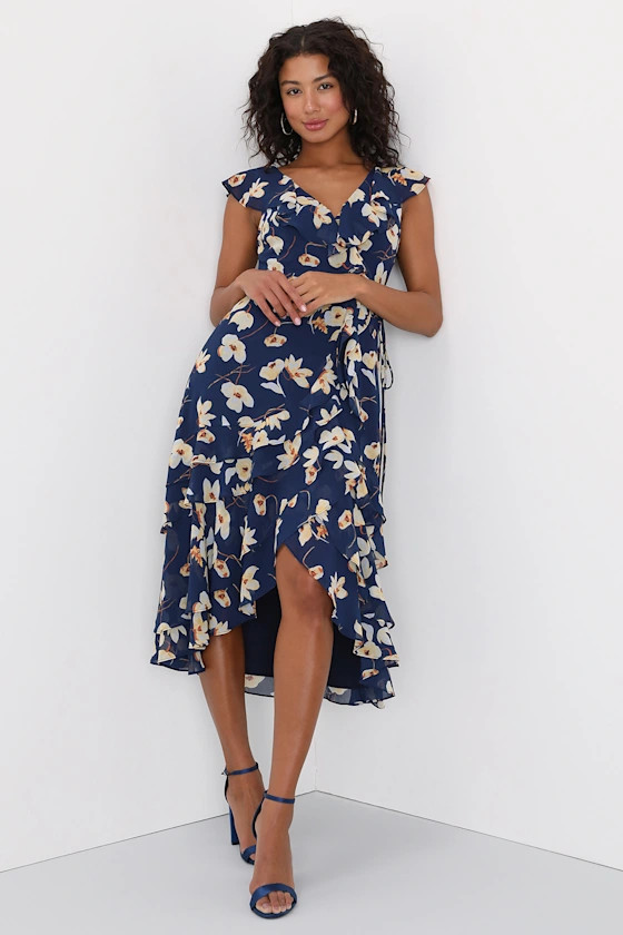 Elegant Darling Navy Blue Floral Print Tiered Midi Wrap Dress | Lulus (US)