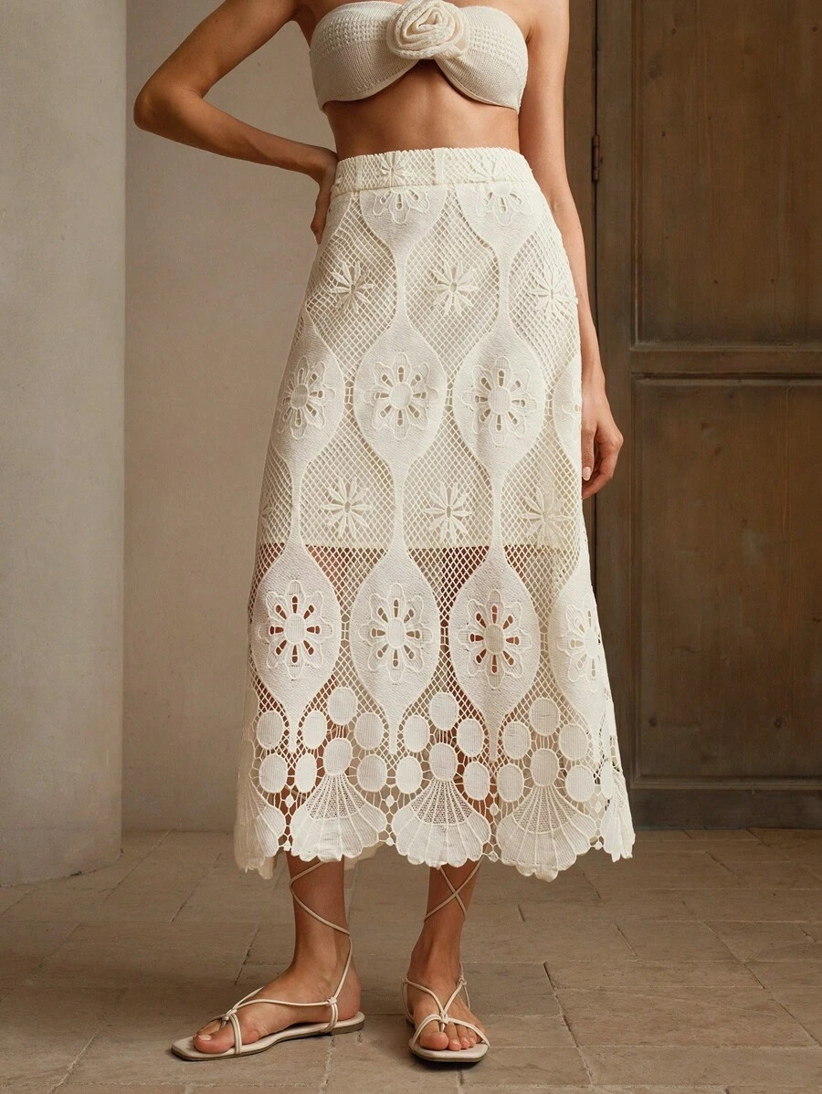 Anewsta Elegant Ladies' Lace Hollow Out Skirt Maxi Women Outfit | SHEIN