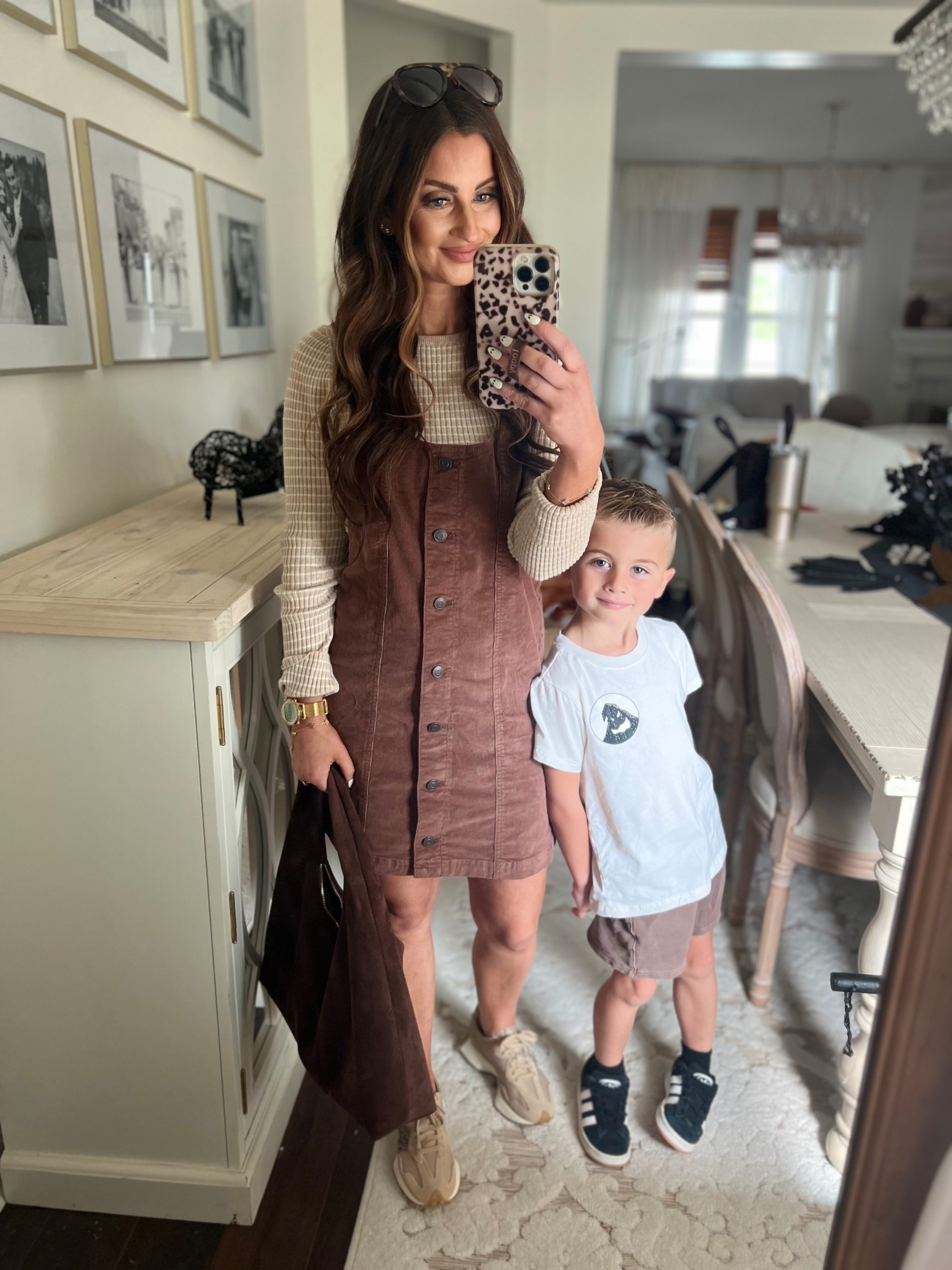 Brown corduroy button up overall dress-small 
Beige and white stripe long sleeve shirt-small
Leopard and tan beige new balance sneakers
Chocolate brown suede purse