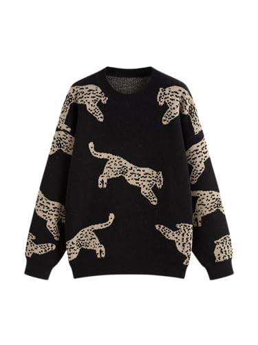 CIDER Womens Leopard Crew Neck Long Sleeve Boho Knit Sweater Casual Pullover Fall Sweater: Black, L | Amazon (US)