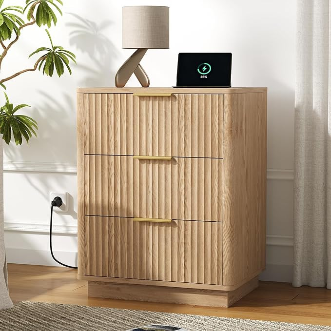 Rovaurx 21.7" Wide Fluted Nightstand with Charging Station, Mid Century Bedside Table with 3 Draw... | Amazon (US)