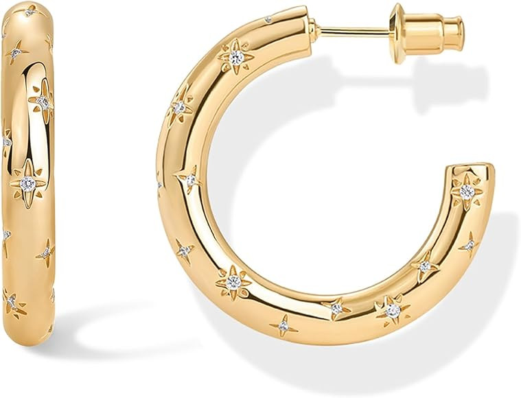 PAVOI 14K Gold Plated Star Shine Hoop Earrings for Women | Cubic Zirconia Celestial Chunky Hoops ... | Amazon (US)