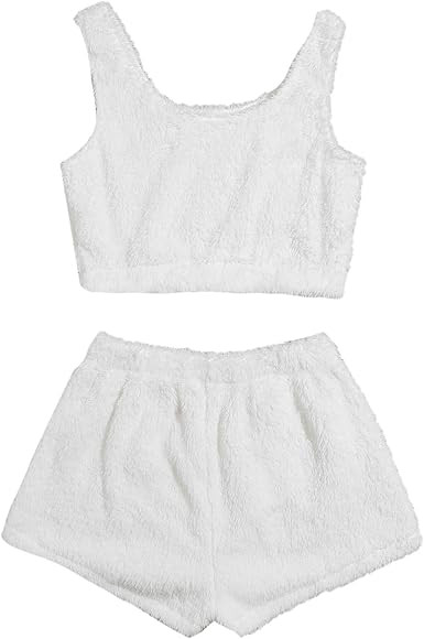 SweatyRocks Women's Fuzzy Pajamas Set Crop Tank Top With Shorts Loungewear | Amazon (US)