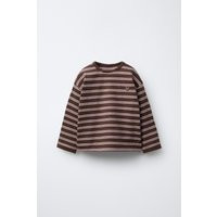 Zara - T-Shirt Mit Gewebtem Streifen Und Herzstickerei - Brown Stripes - Unisex | Zara DE