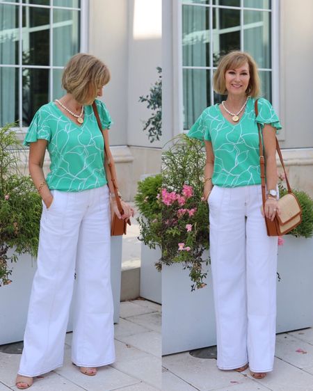 Green flutter sleeve tee and high rise palazzo pants for a pretty spring look!! These pants get great reviews! Great quality and fit! Very flattering too!

#LTKover40 #LTKSeasonal