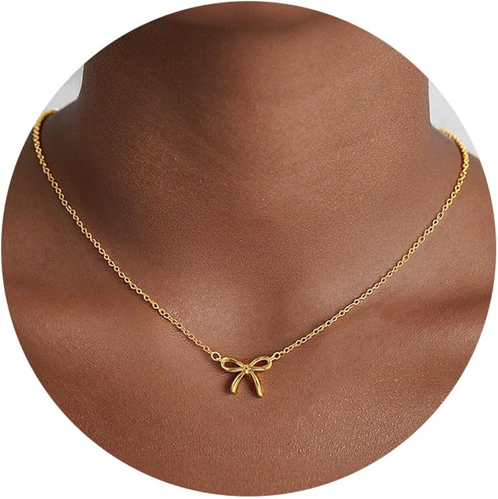 Gold Bow Necklace for Women - 14K Gold Plated Dainty Gold Necklace Cute Small Tiny Bow Pendant Ch... | Amazon (US)
