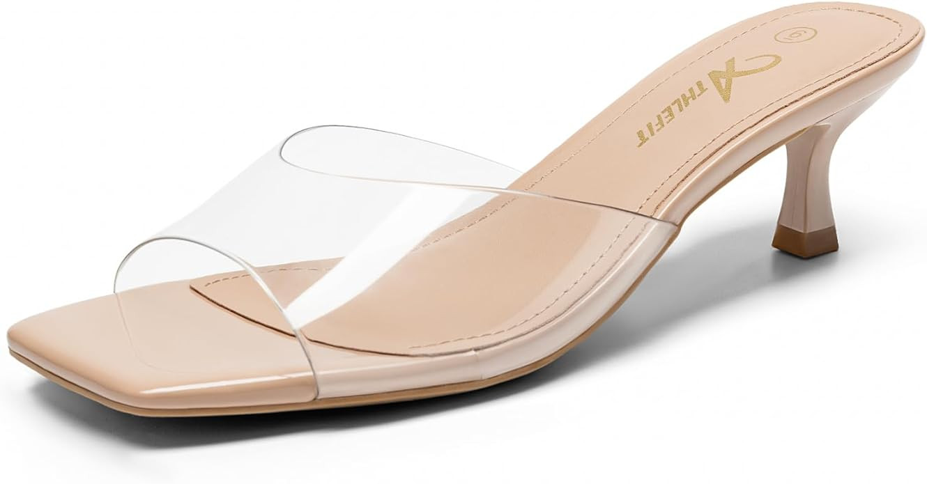 Athlefit Kitten Heels for Women Heeled Sandals Square Open Toe Low Heels Comfortable Slip On Slid... | Amazon (US)