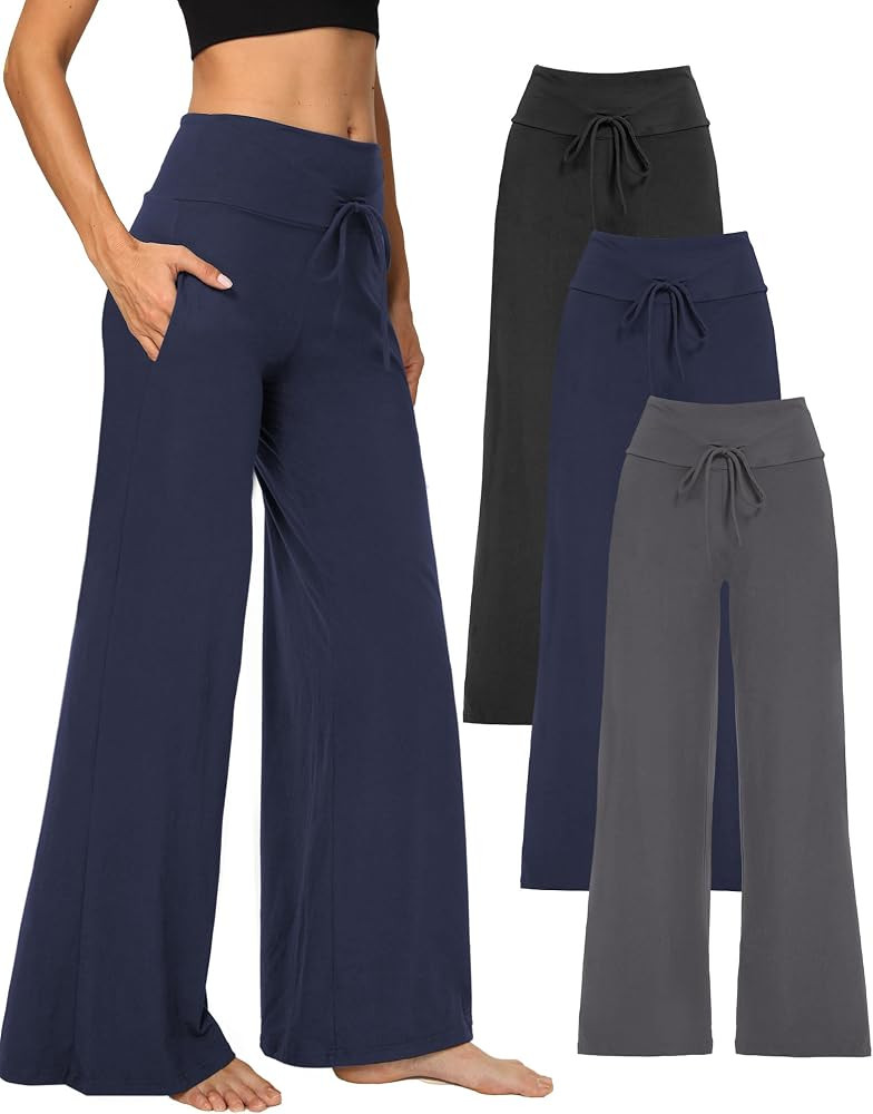 Showitty 1/3 Pack Women's Wide Leg Pants with Pockets, Casual Loose Pajama Palazzo Trousers Sweat... | Amazon (US)