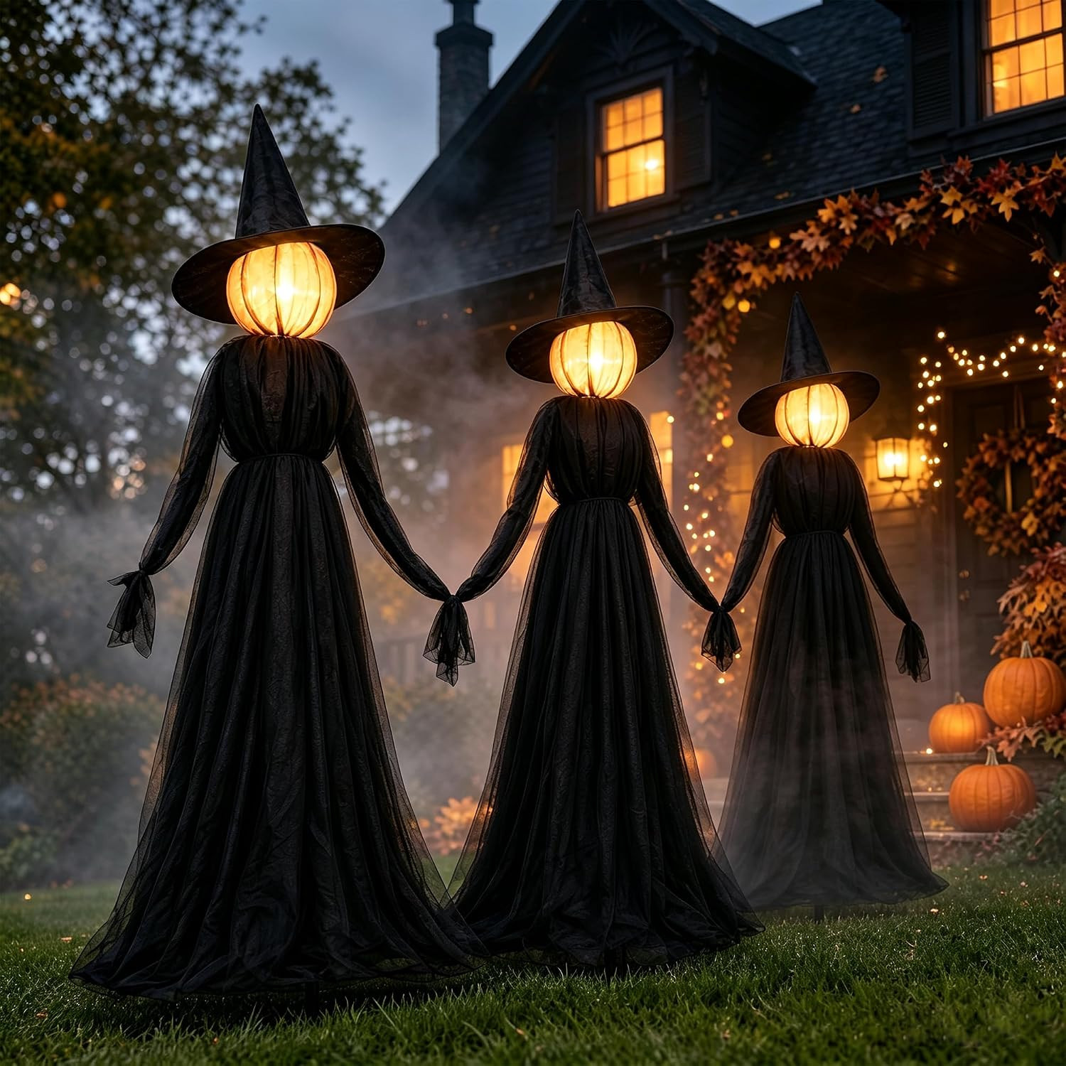 NEROSUN Halloween Witches Decorations Outdoor, 5 FT Set of 3 Light Up Holding Hands Witches with Stakes and Timer Function, Glowing Face Witch Decorations for Yard Garden Lawn Haunted House | Amazon (US)