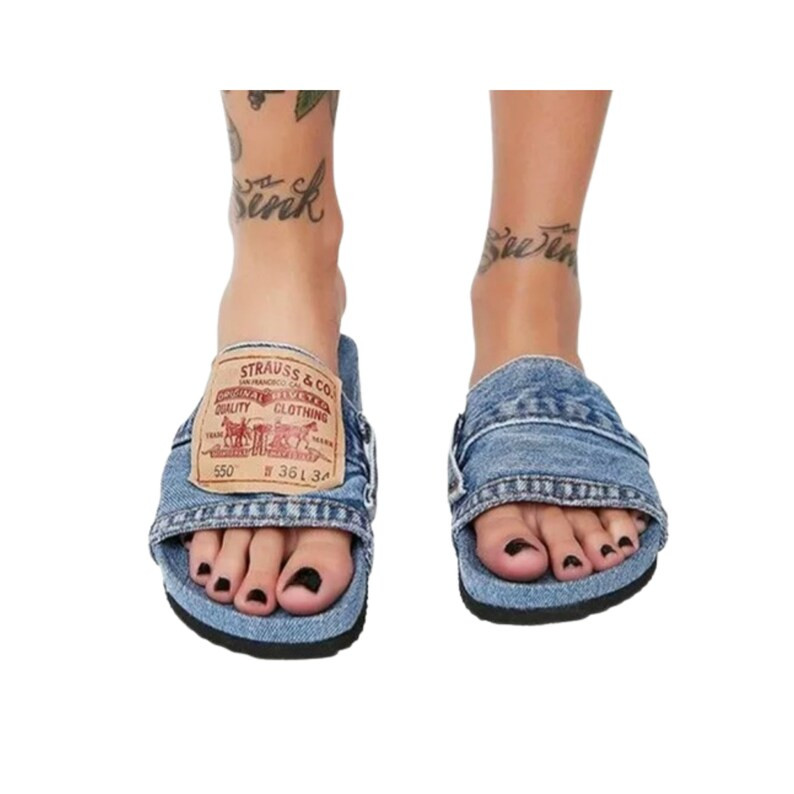 2021 Women's Denim Round Head Flat Shoes Open Toe | Etsy | Etsy (US)