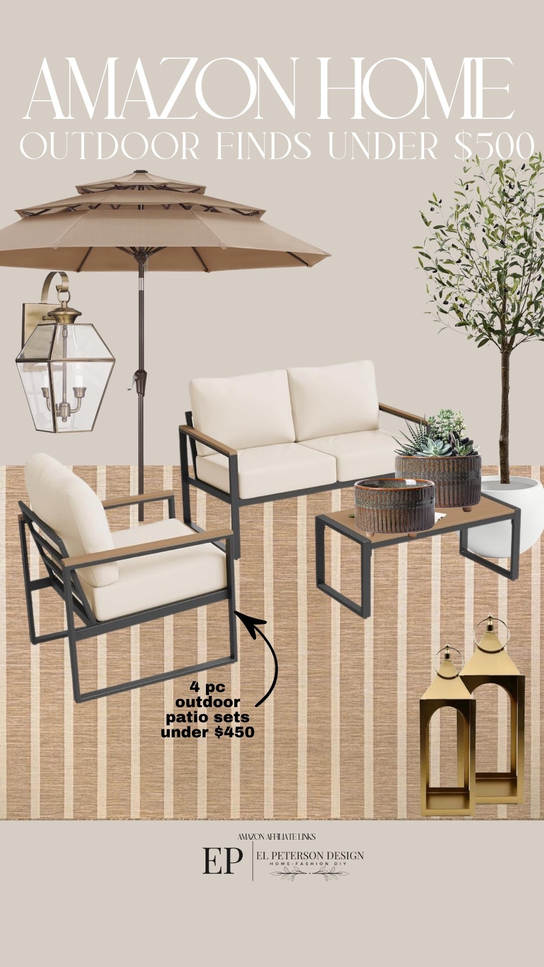 Amazon
Faux olive tree
Patio set
Outdoor rug
Planters
Outdoor lantern 
Outdoor umbrella
Outdoor floor lantern 

#LTKHome