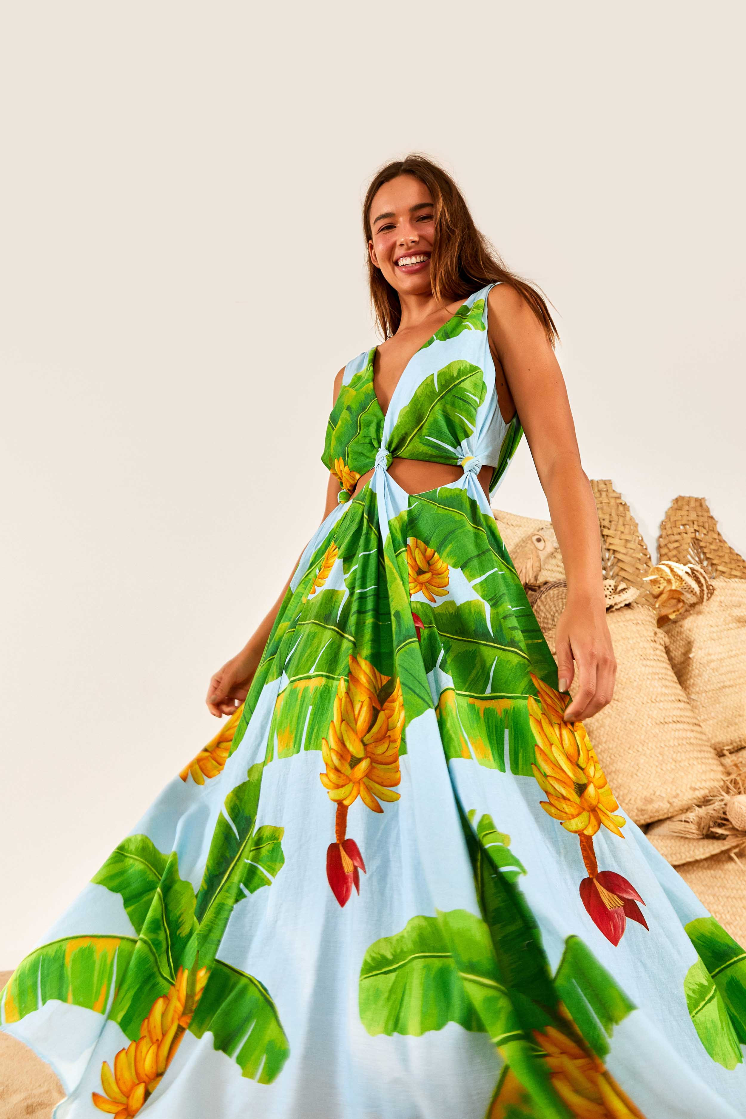 Blue Cut-Out Dress | Midi | Fresh Bananas Print | FarmRio (US)