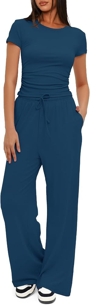 Darong Women's 2 Piece Set Outfits Lounge Sets Ruched Short Sleeve Tops High Waisted Wide Leg Pan... | Amazon (US)