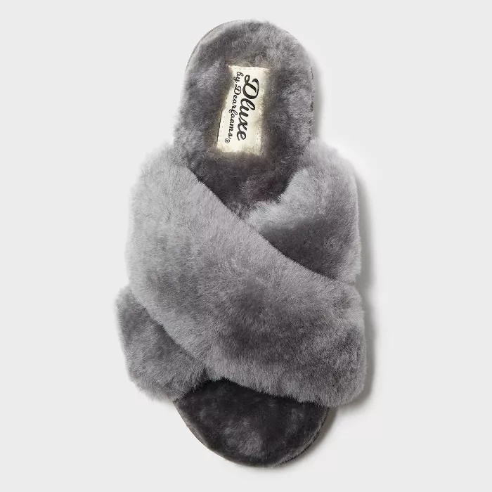 Women's dluxe by dearfoams Rossland Genuine Shearling Crossband Slippers - Gray 6 | Target