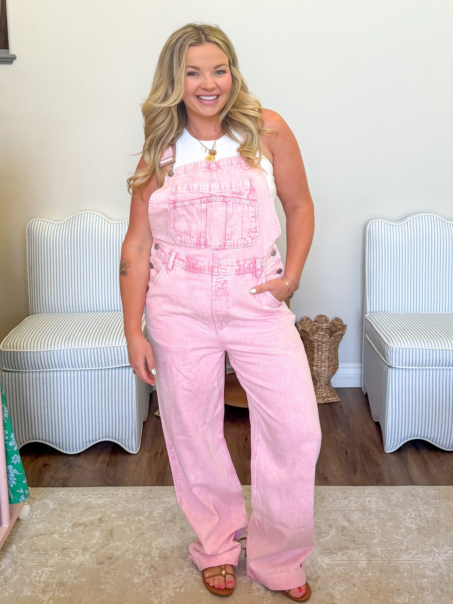 Pink overalls, I’m wearing a medium!

#LTKmomlife #LTKSaleAlert #LTKootd
