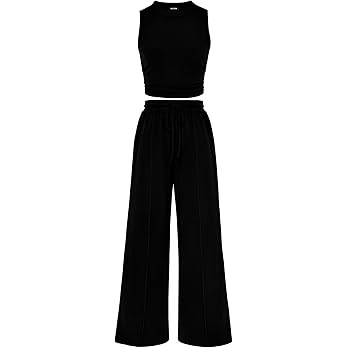 BTFBM Women Summer 2 Piece Outfits Ribbed Knit Crew Neck Sleeveless Cropped Top Elastic Waist Wid... | Amazon (US)