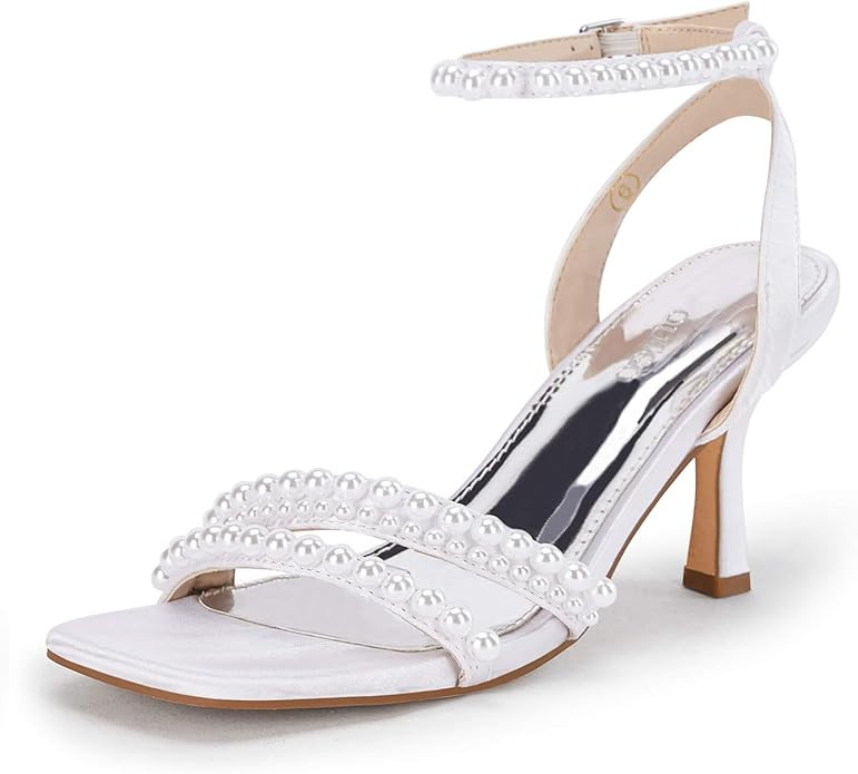 Coutgo Womens Pearl Kitten Heels Sandals Square Open Toe Dress Sandals Ankle Strap Satin Wedding ... | Amazon (US)