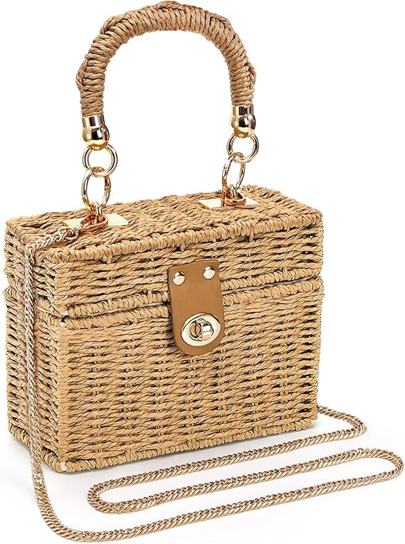 Square Straw Handbag, Vintage Women's Wicker Basket Bag, Handmade Rattan Crossbody Bag, Boho Tote... | Amazon (US)