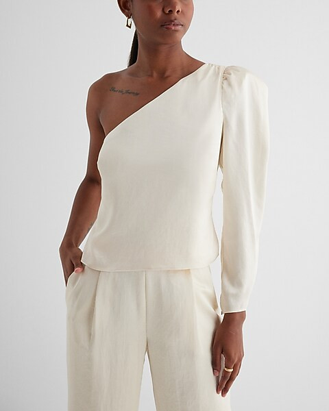 Satin One Shoulder Puff Sleeve Top | Express