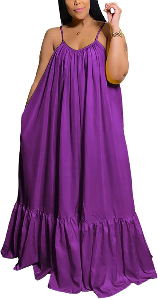 Adogirl Women's Sexy Spaghetti Strap Sleeveless Ruched Ruffle Hem Bandage Oversized Beach Loose L... | Amazon (US)