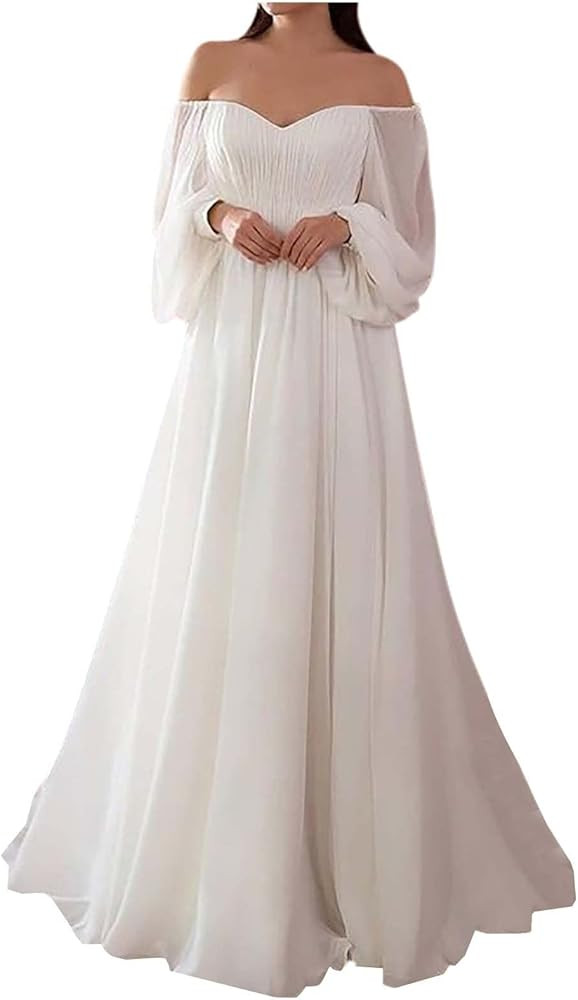 2021 Womens Off Shoulder Wedding Dresses Long Sleeve Mesh Bridal Dress Evening Maxi Dress Ruffle ... | Amazon (US)
