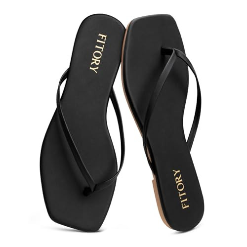 FITORY Womens Flip Flops, Square Open Toe Leather Thong Sandals, Comfortable and Dressy Flat Slides on Summer 2026 for Casual Walking Black Size 9 | Amazon (US)