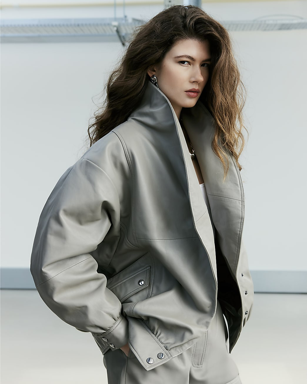 Grey RI Studio Leather Bomber Jacket | River Island UK & IE