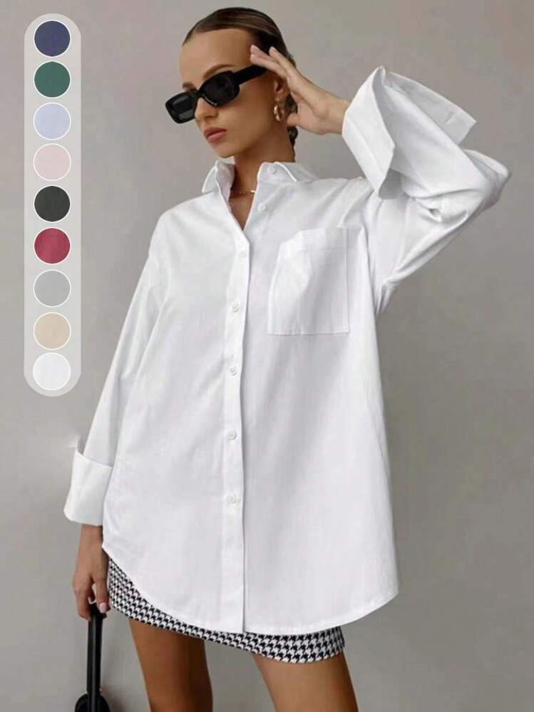 QIANZHIDU Women Solid Color Loose Long Sleeved Business Interview Commuting Casual Relaxed Feeling Simple Shirt Spring Summer Autumn | SHEIN
