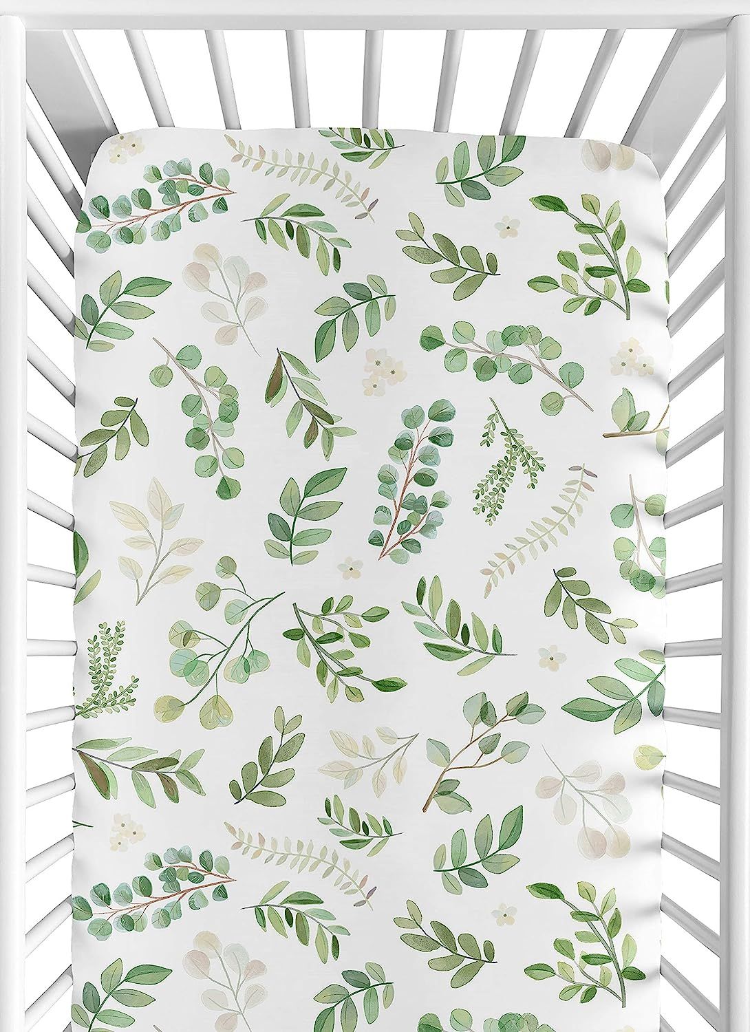 Sweet Jojo Designs Floral Leaf Girl Fitted Crib Sheet Baby or Toddler Bed Nursery - Green and Whi... | Amazon (US)