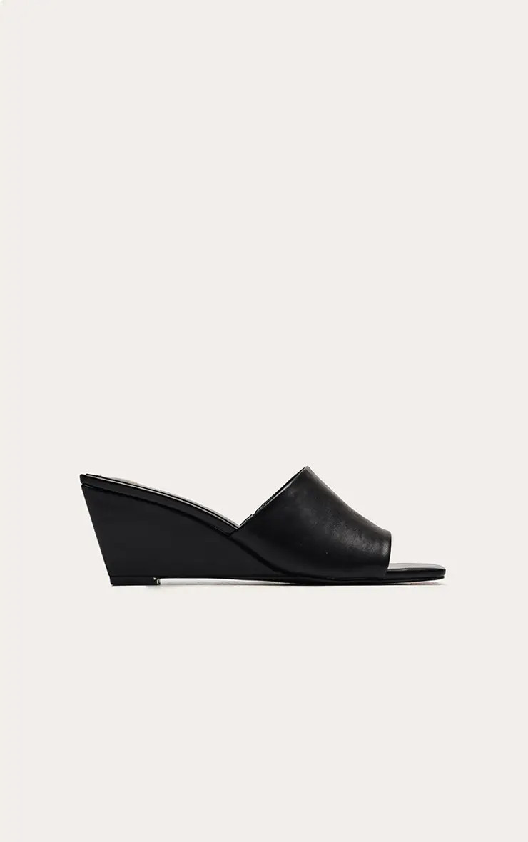Black Faux Leather Square Toe Mule Wedges | PrettyLittleThing UK