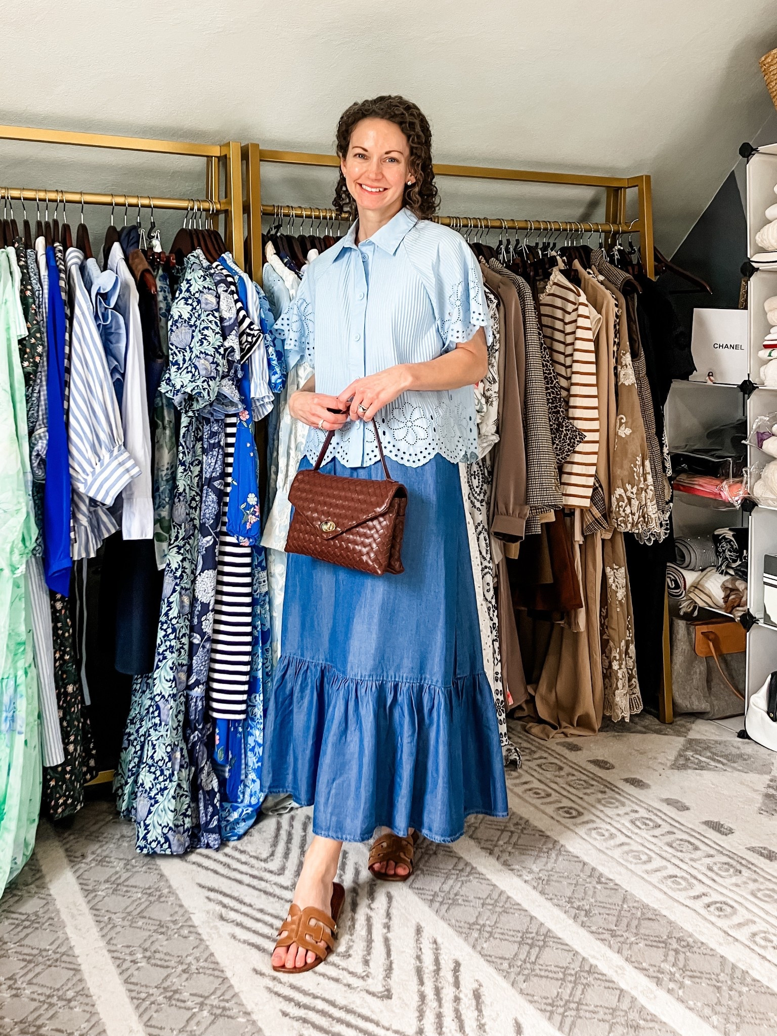 A blue and brown outfit for spring!
Light blue top from J.Crew Factory is old, linking similar. 
Denim midi skirt from Amazon. 
Earrings and eternity ring from Amazon. 
Brown woven handbag from Moda Luxe. 
Brown leather sandals from Sam Edelman. 
Petite outfit. Spring outfit. Classic outfit. Modest outfit  

#LTKdayinmylife #LTKOver40 #LTKmomlife