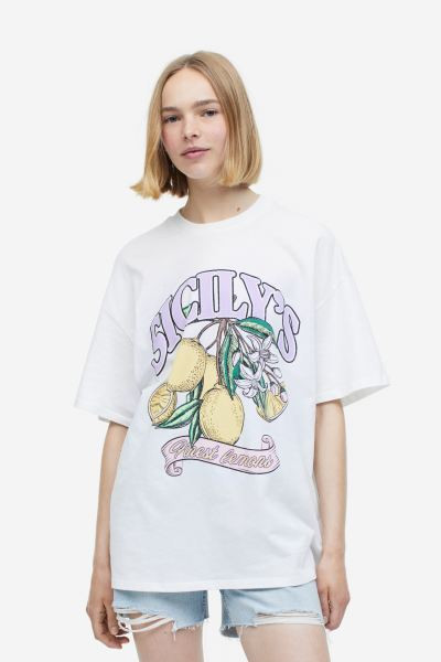 Oversized Printed T-shirt - White/Sicily's - Ladies | H&M US | H&M (US + CA)