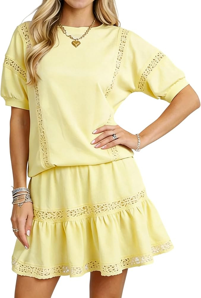 CAHRTOU Women Eyelet Two Pieces Short Sets Puff Short Sleeve Top Tiered Mini Skirt Y2k Lace Match... | Amazon (US)