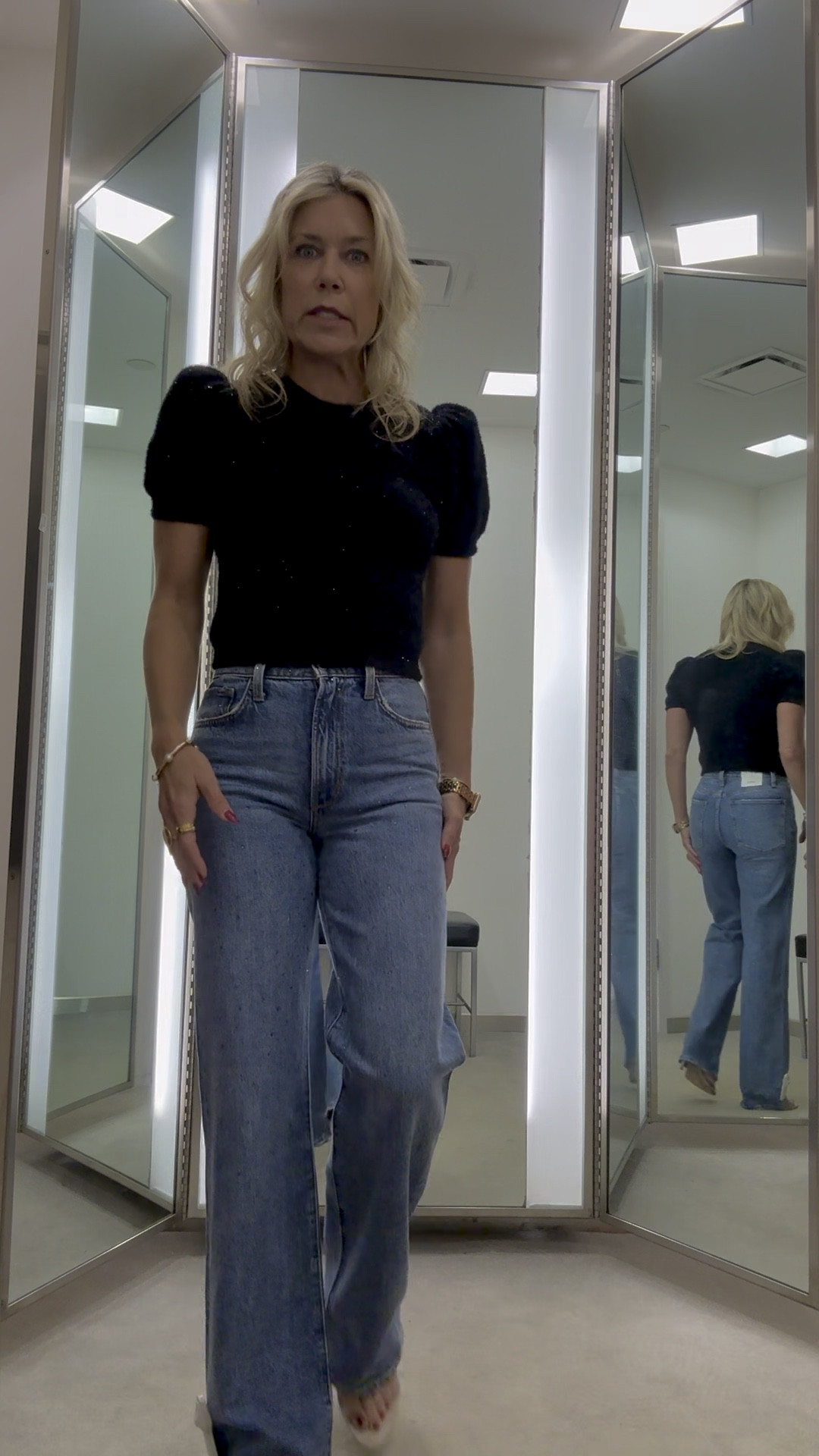 Be casual chic in these crystal denim jeans paired with this puff sleeve sweater with a touch of sparkle. Perfect for the holidays. Denim fit true to size or a little small.

#LTKHoliday #LTKOver40