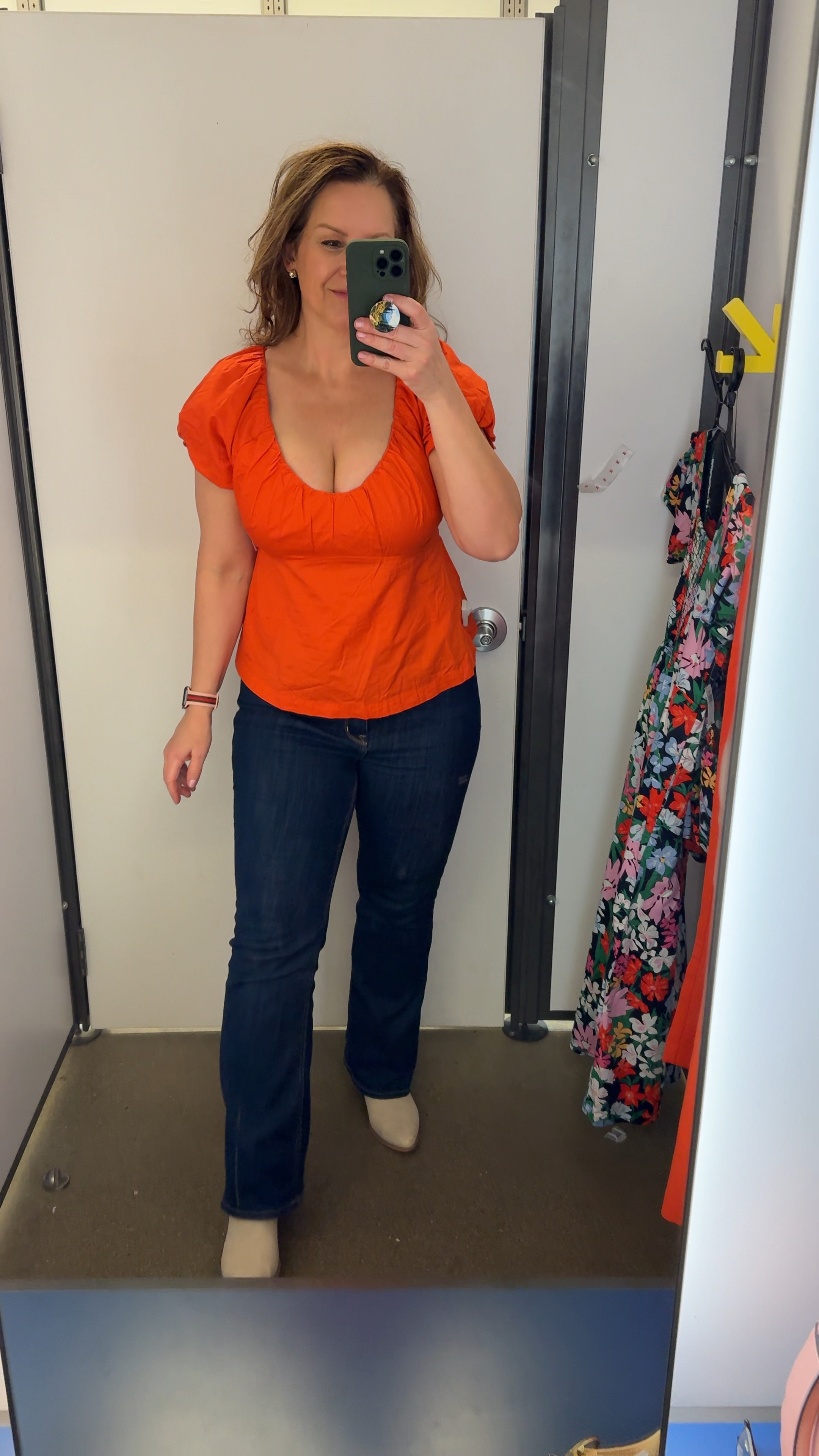 Old Navy. Flattering empire waist top with v-neck and smocked back panel. Color is “warm sunset”. Wearing size large (36D). 

#LTKover40 #LTKsalealert #LTKmidsize