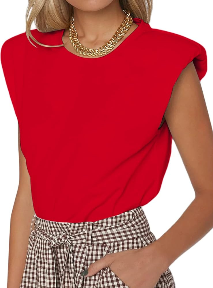 SOFIA'S CHOICE Women's Casual Shoulder Pad Tops Loose Round Neck Sleeveless Tank Top Shirt | Amazon (US)
